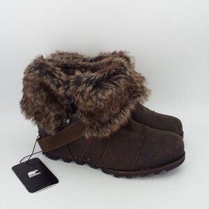 Sorel Joan of Arctic Brown Faux Fur Leather Wedge Ankle Boots Size 9.5